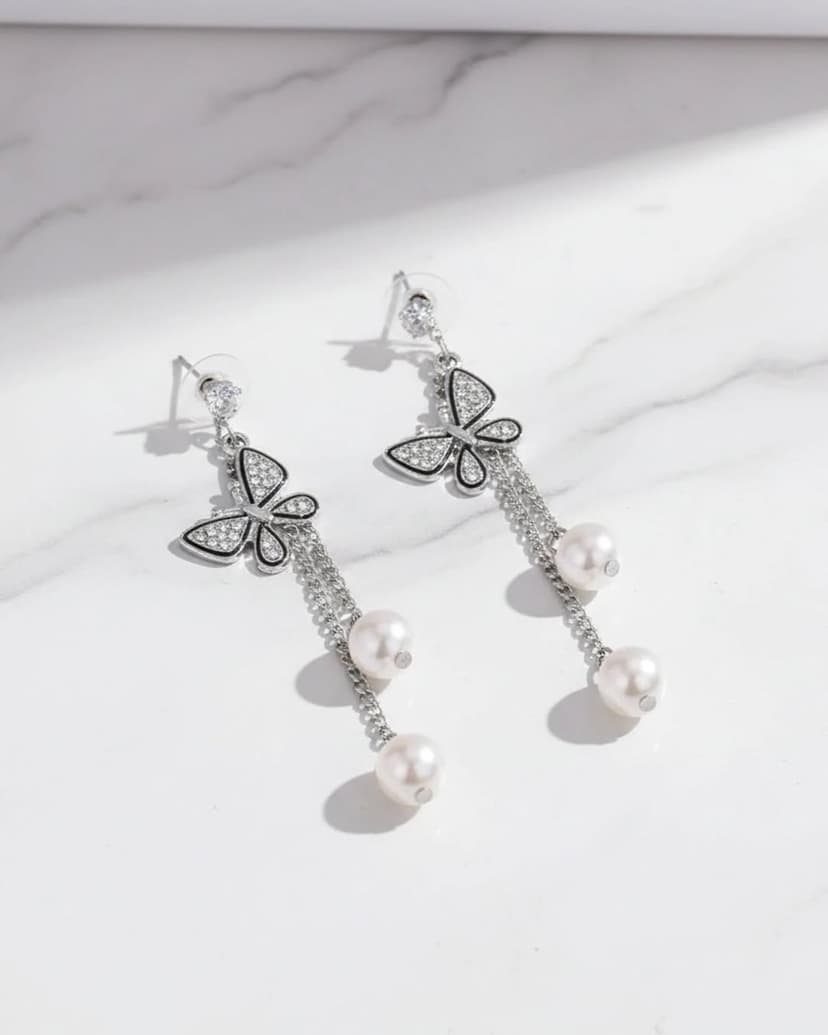 Silver Butterfly Pearl Drop Earrings